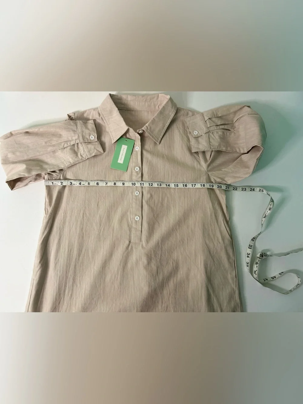 Linen Blend Ruffle Hem Long Sleeve Shift Shirt Dress Beige Neutral Boutique Lrg - Picture 5 of 8